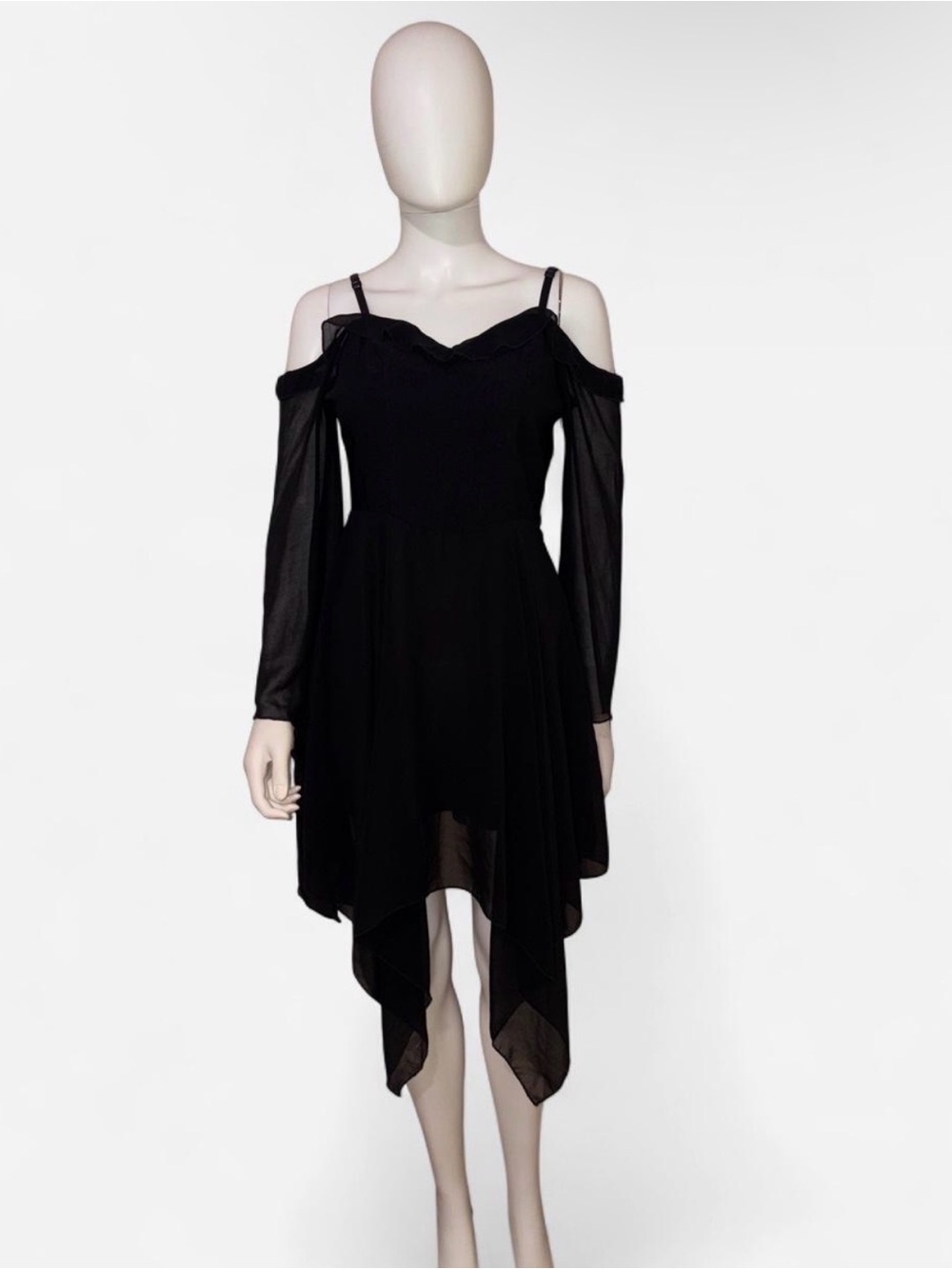 Whimsy goth Black Cold-Shoulder Asymmetrical Handkerchief-Hem Dress